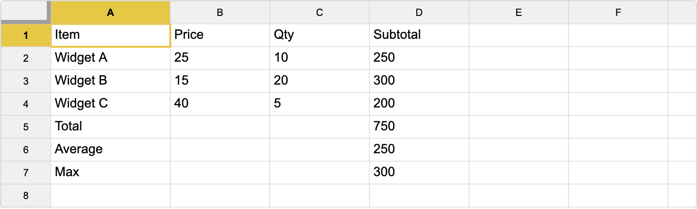 Formula calculation examples
