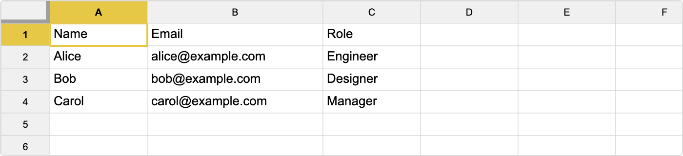 Contact list spreadsheet